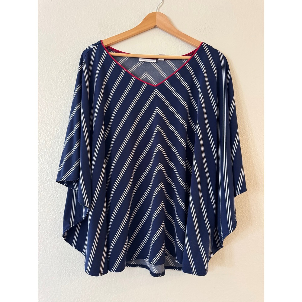 Susan Graver Liquid Knit Chevron Stripe Poncho Top Large Navy Blue Red Exc Cond